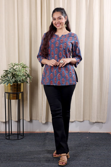 Indigo Dhabu Cotton Women Kurti Long Sleeves WKILS253C32