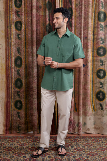 Forest Green Hand Dyed Cotton Linen Men Shirt Half Sleeves MSHHS253C8