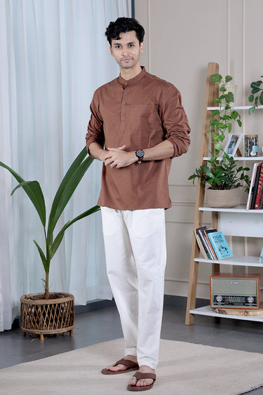 Dark Brown Dyed Cotton Misdent Men Short Kurta