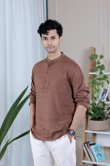Walnut Brown Dyed Lyocell Linen Men Short Kurta
