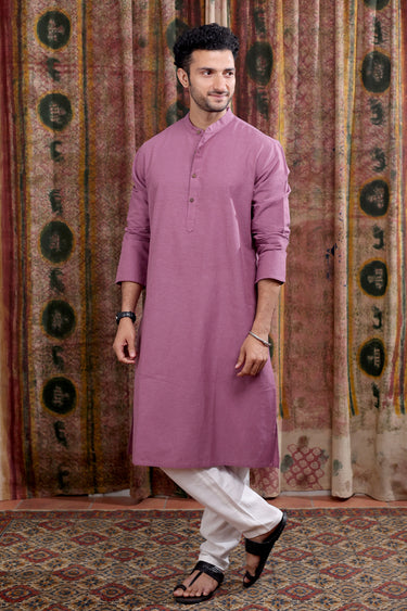 Mauve Yarn Dyed Cotton Flax Men Long Kurta Full Sleeves MLKFS253C29