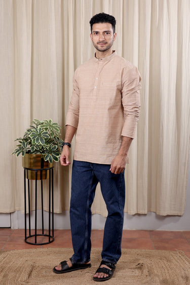Light Brown Stripes South Cotton Men Short Kurta Full Sleeves MSKFS252C39