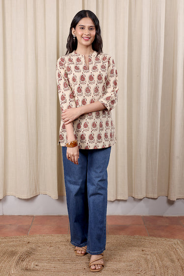 Rust Bagru Cotton Flax Women Kurti Long Sleeves WKILS252C47