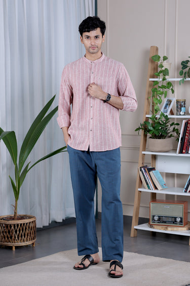 Burnt Brick Stripes Natural Cotton Linen Men Shirt
