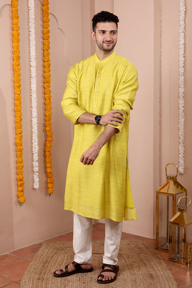 Olive Mukaish Work Silk Viscose Slub Men Long Kurta Full Sleeves MLKFS252C42