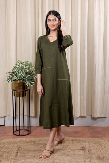 Military Green Hand Dyed Cotton Linen Women Midi Dress Long Sleeves WDRLS252C20