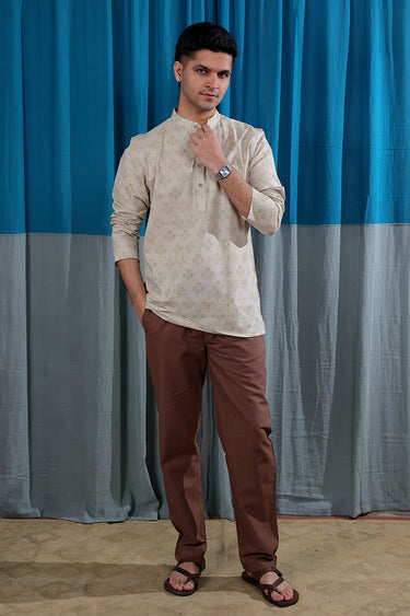 Rock Beige Sanganeri Natural cotton Linen Men Short Kurta