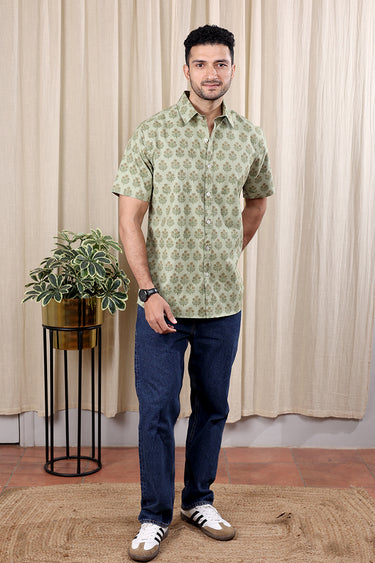 Sage Green Sanganeri Fine Cotton Men Shirt Half Sleeves MSHHS252C22