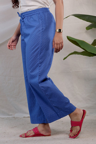 Blue Dyed Cotton Dobby Women Flared Pant