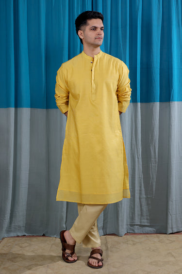 Royal Yellow Stripes Zari Chanderi Silk Men Long Kurta Full Sleeves MLKFS253C57