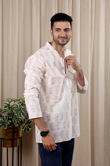 Off White Sanganeri Cotton Linen Men Short Kurta Full Sleeves MSKFS252C33