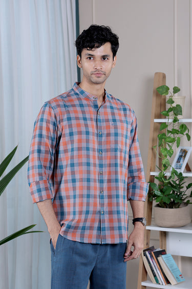 Orange Teal Checks South Cotton Men Shirt