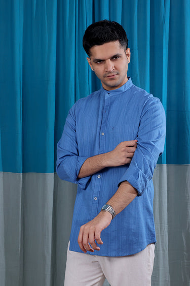 Deep Blue Dobby Stripes Natural Cotton Linen Men Shirt Full Sleeves MSHFS12255