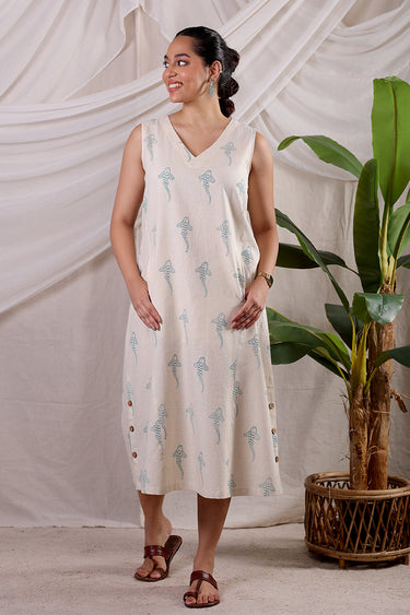 The Wayfinder Teal Blue Sanganeri Natural Cotton Linen Women Midi Dress