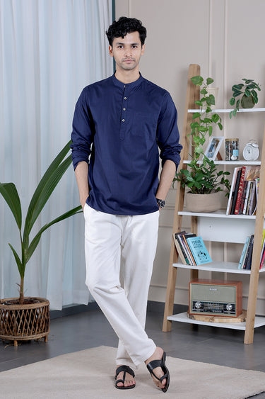 Midnight Blue Dyed Cotton Misdent Men Short Kurta
