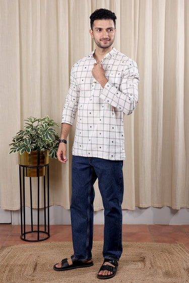 Off White Checks Buta South Cotton Men Short Kurta Full Sleeves MSKFS252C55
