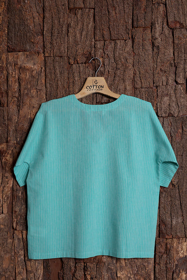 Aqua Green Stripes South Cotton  Women Short Top Long Sleeves WSTLS01268