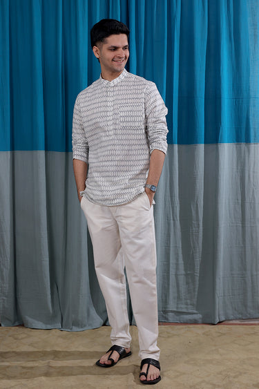 Steel Grey Sanganeri Natural Cotton Linen Men Short Kurta