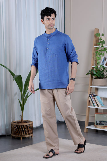 Denim Blue Dyed Lyocell Linen Men Short Kurta