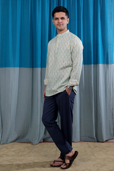 Sea Green Sanganeri Natural Cotton Linen Men Short Kurta