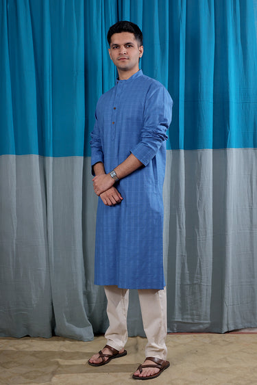 Indigo Blue Dobby Checks Natural Cotton Linen Men Long Kurta Full Sleeves MLKFS122518