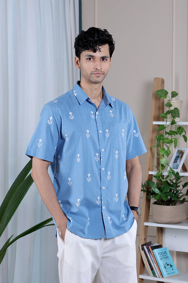Denim Blue Sanganeri Cotton Dobby Men Shirt