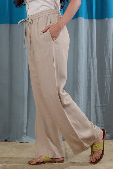 Beige Dyed Viscose Linen Women Wide Leg Pant WWLPT253C3