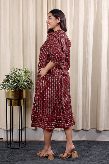 Brick Red Dhabu Cotton Checks Women Midi Dress Long Sleeves WDRLS252C23