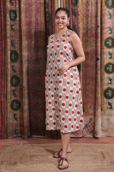 Red Grey Bagru Cotton Flax Women Midi Dress Sleeveless WDRSL12252