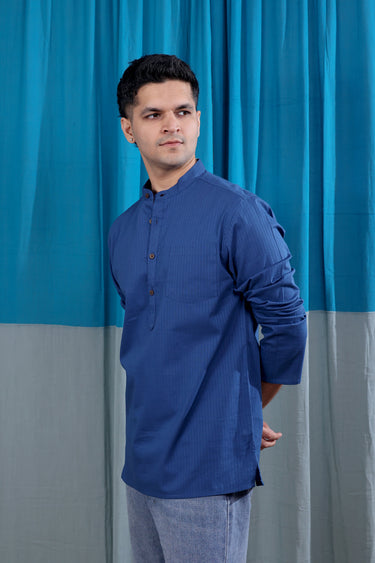 Navy Blue Dyed Cotton Misdent Men Short Kurta Full Sleeves MSKFS012620
