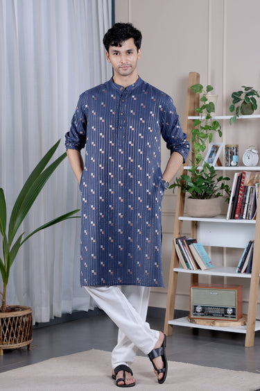 Midnight Blue Stripes Dobby South Cotton Flax Men Long Kurta