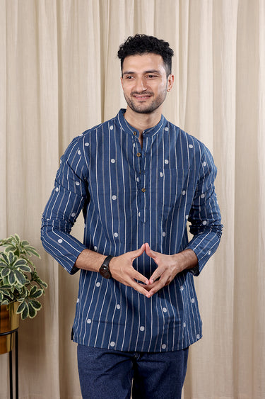 Deep Blue Dobby Stripes South Cotton Men Short Kurta Full Sleeves MSKFS252C50
