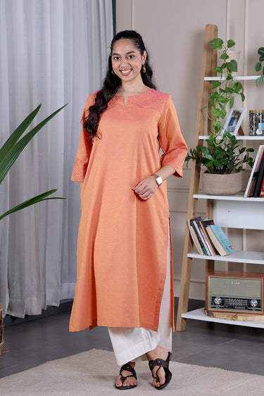 Yellow Pink Hand Embroidery Fine Cotton Women Long Kurta