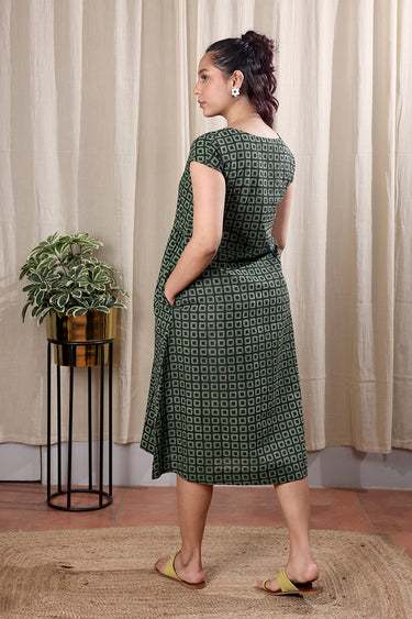 Military Green Bagru Cotton Slub Women Midi Dress Short Sleeves WDRSS252C3