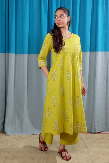 Bright Mustard Sanganeri Cotton Dobby Women Long Kurta Long Sleeves WLKLS253C63