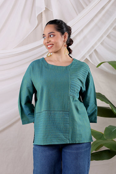 Aqua Blue Yarn Dyed Fine Cotton Flax Women Short Top
