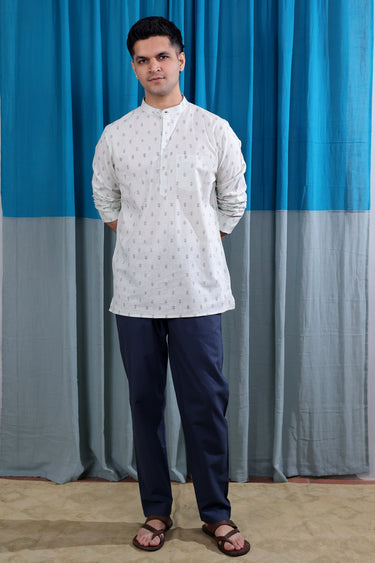 Frost Grey Sanganeri Natural cotton Linen Men Short Kurta