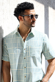 Teal Blue Sanganeri Cotton Linen Men Shirt