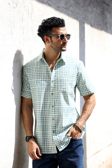 Teal Blue Sanganeri Cotton Linen Men Shirt Half Sleeves MSHHS253C3