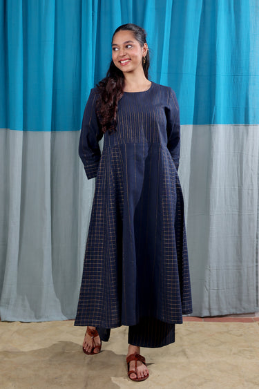 Prussian Blue Thick Stripes Zari South Cotton Women Long Kurta Long Sleeves WLKLS253C69