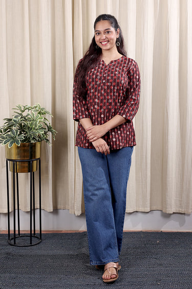 Brick Red Dhabu Cotton Checks Women Kurti Long Sleeves WKILS252C69