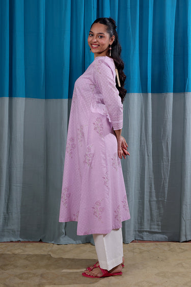 Lilac Sanganeri Cotton Dobby Women Long Kurta Long Sleeves WLKLS253C94