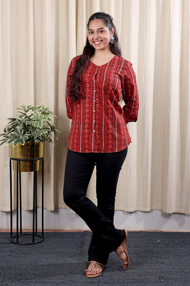 Rust Dhabu Cotton Women Kurti Long Sleeves WKILS252C89