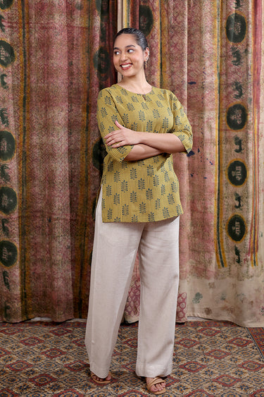 Olive Green Bagru Cotton Flax Women Kurti Long Sleeves WKILS253C44