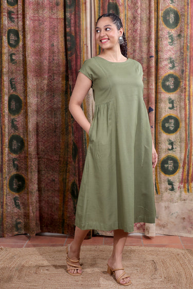 Green Hand Dyed Cotton Viscose Blend Women Midi Dress Short Sleeves WDRSS253C4