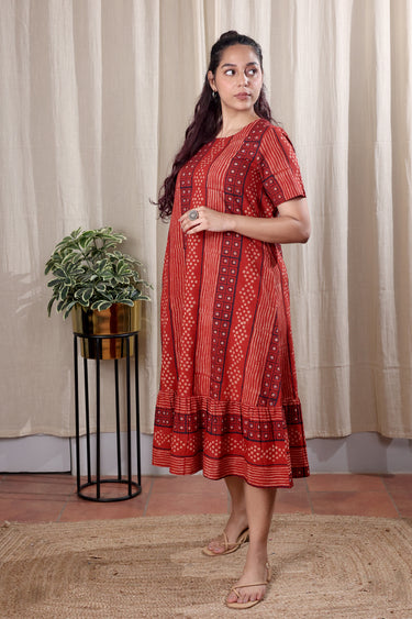 Rust Dhabu Cotton Women Midi Dress Short Sleeves WDRSS251C11