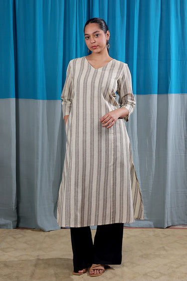 Grey Stripes Natural Cotton Linen Women Long Kurta