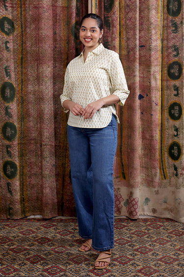 Pastel Yellow Sanganeri Cotton Linen Women Short Top Long Sleeves WSTLS253C4