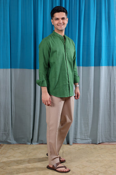 Forest Green Dobby Stripes Natural Cotton Linen Men Shirt Full Sleeves MSHFS12252