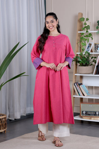 Rose Pink Hand Embroidery Fine Cotton Women Long Kurta